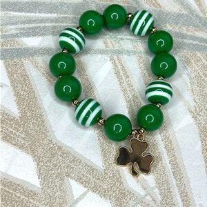 Saint Patrick’s day, green and white beaded bracelet with clover